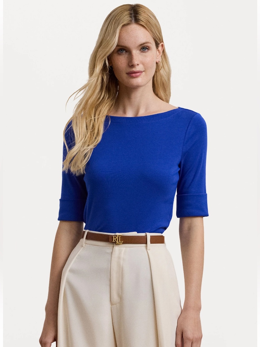 EUC Lauren Ralph Lauren Top in Cobalt Blue with Short, Rolled Sleeves